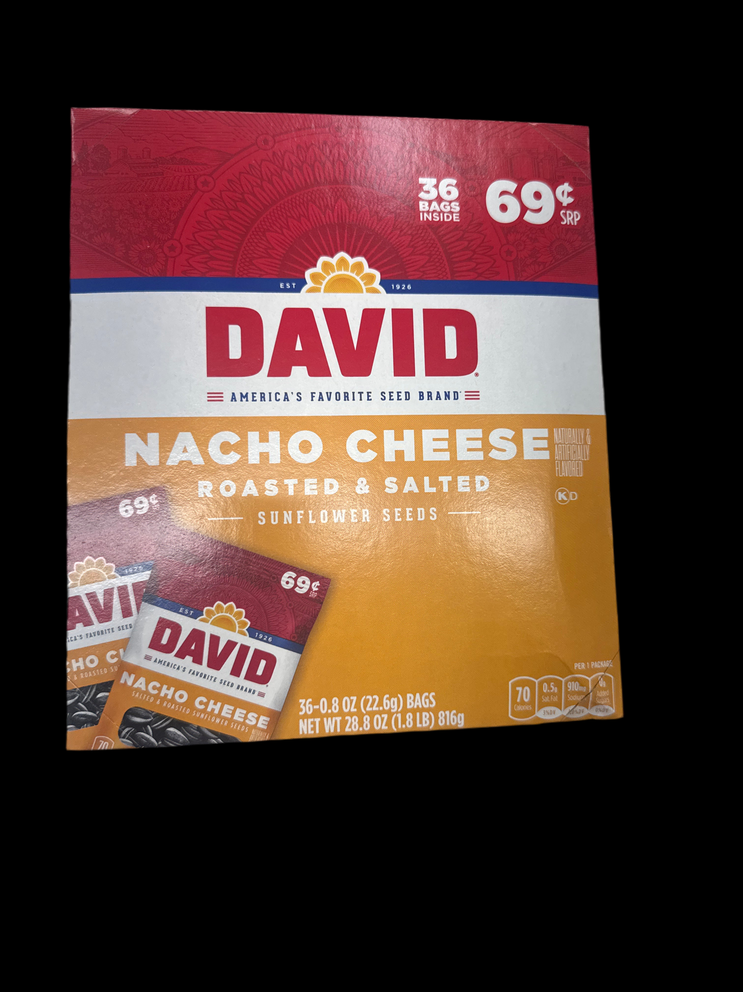 DAVID Nacho Cheese Sunflower Seeds – 36 Count (0.8 oz Bags)